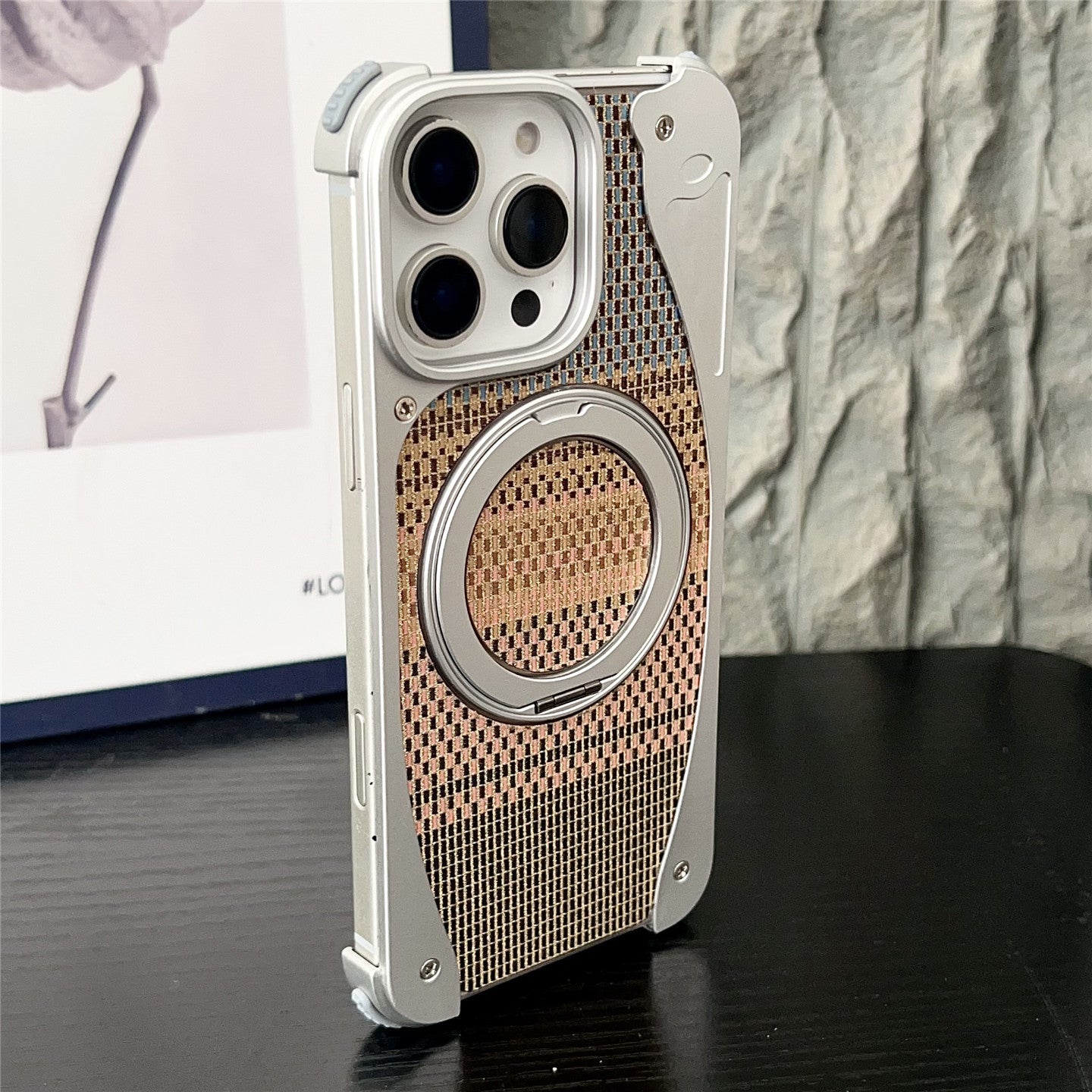 Armor King Stoat Bezel-less MagSafe Pivot Ring Stand Golden Silk Silver Brocade Metal Case Cover
