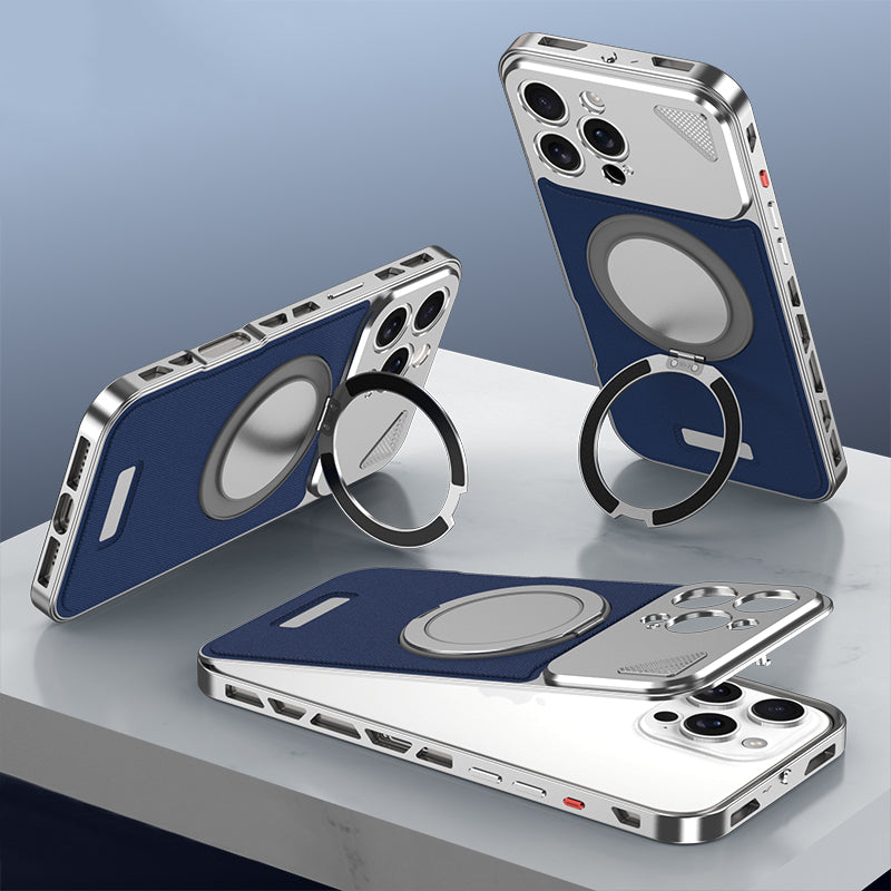 Armor King MagSafe Elastic Buckle Pivot Ring Stand Aluminum Metal + Leather Case Cover
