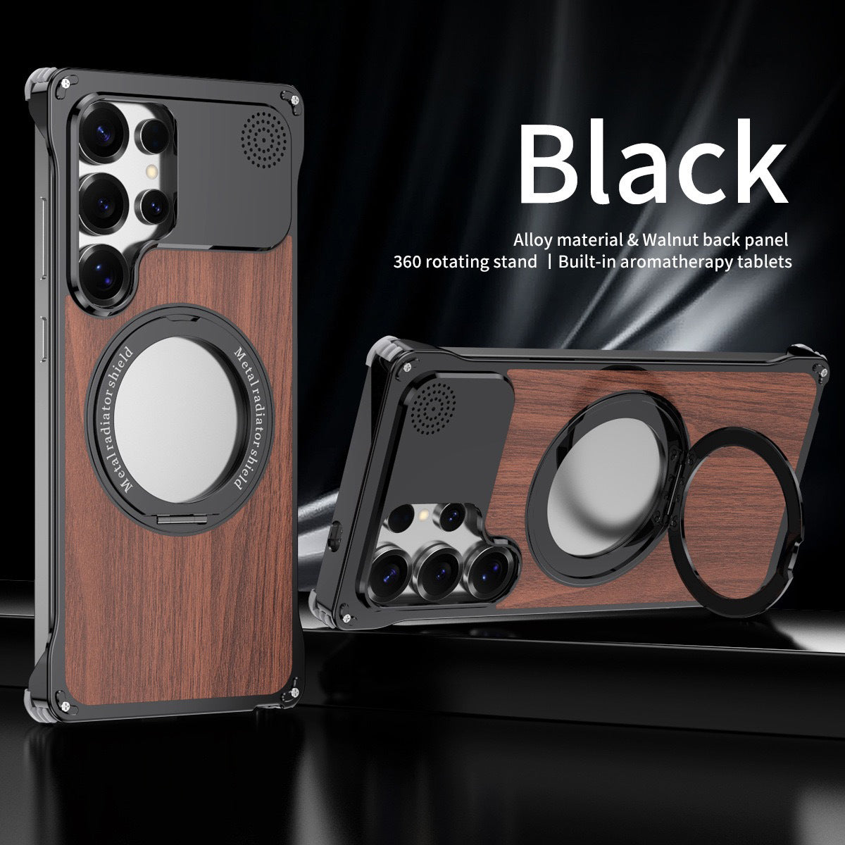 Armor King Aromatherapy MagSafe Pivot Ring Stand Walnut Wood + Metal Case Cover