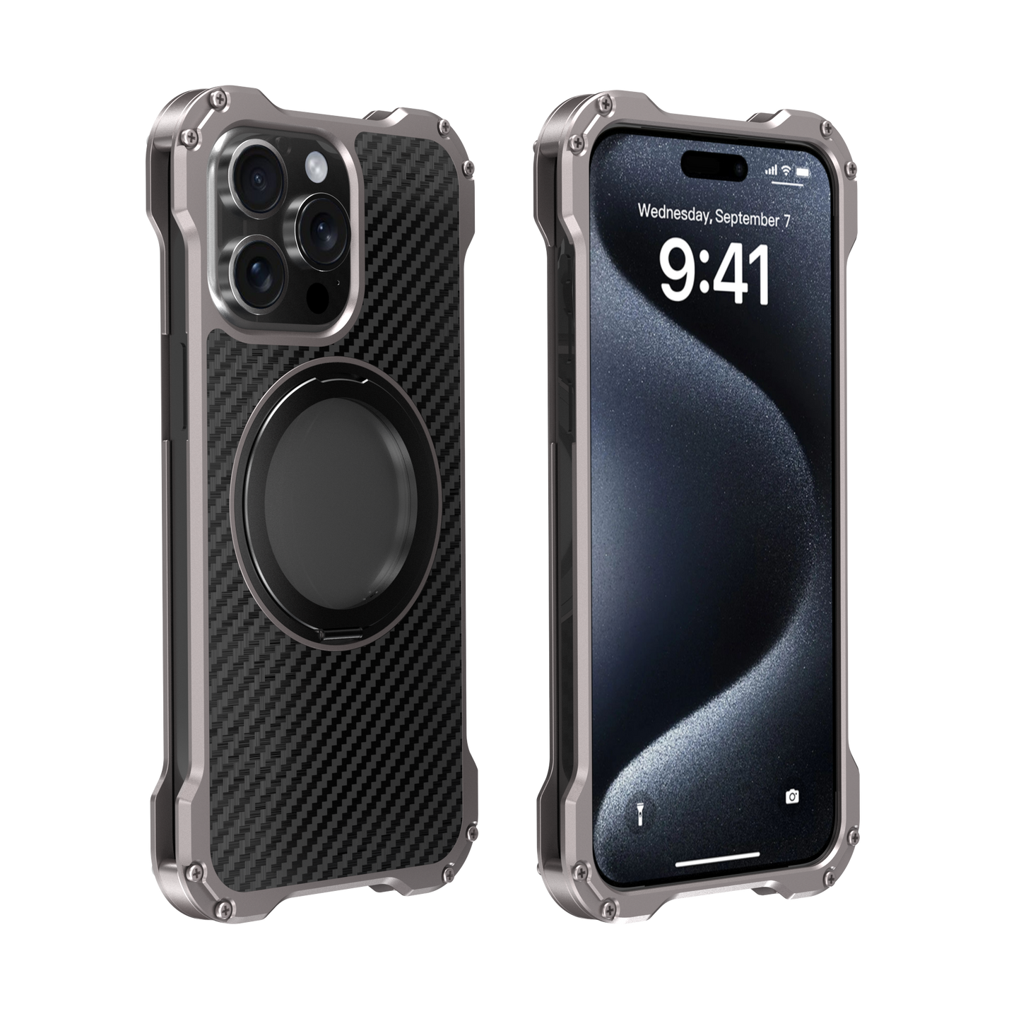 R-Just Black Hole MagSafe Grip Ring Stand Metal Case Cover with Lens Protector