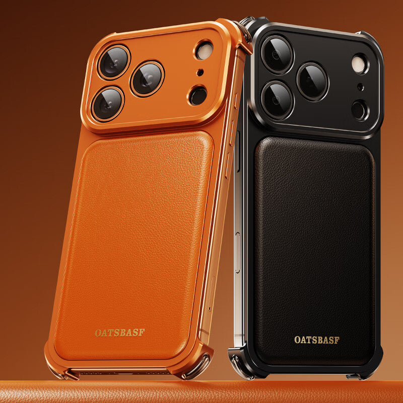 Oatsbasf Armour MagSafe Aluminum Bumper Genuine Leather Air Cushion Shockproof Case Cover