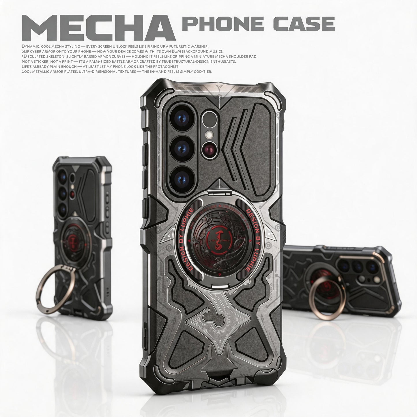 Luphie TS Water-resistant Shockproof Heavy Duty Mecha Metal Case Cover with MagSafe Pivot Ring Stand
