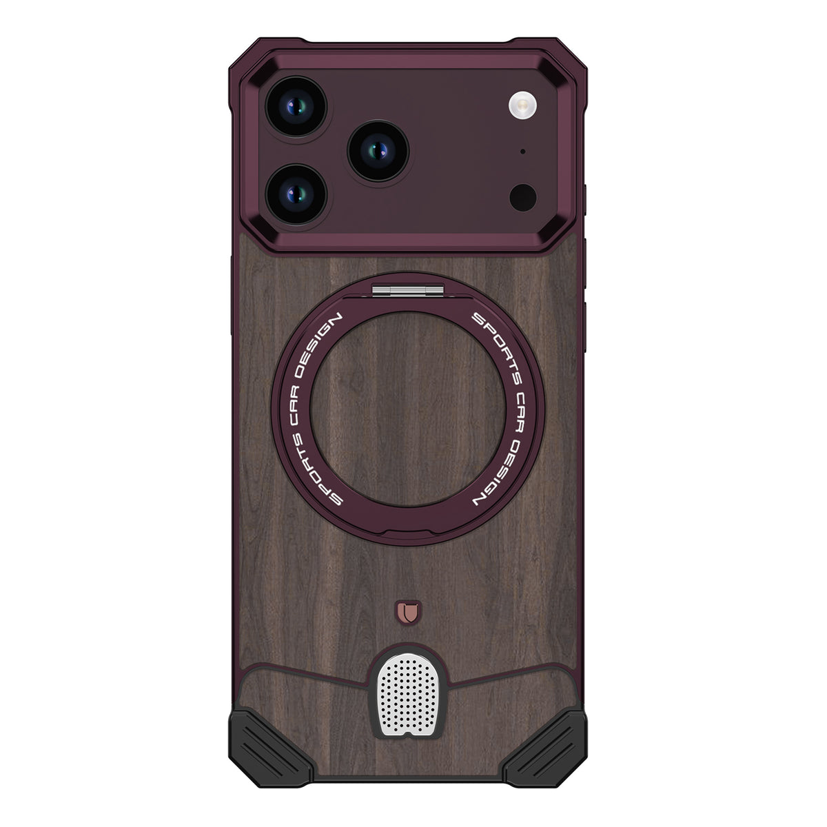 Armor King Hypercar MagSafe Pivot Ring Stand Elastic Buckle Metal+Walnut Texture Back Case Cover