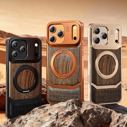 Armor King MagSafe Pivot Ring Stand Walnut + Leather + Aluminum Heat Dissipation Aromatherapy Case Cover