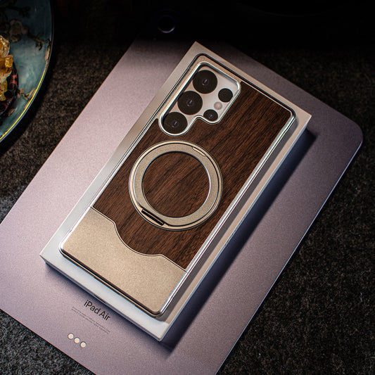 Armor King Bezel-less MagSafe Pivot Ring Stand Metal Alloy + Walnut Wood Telescopic Case Cover