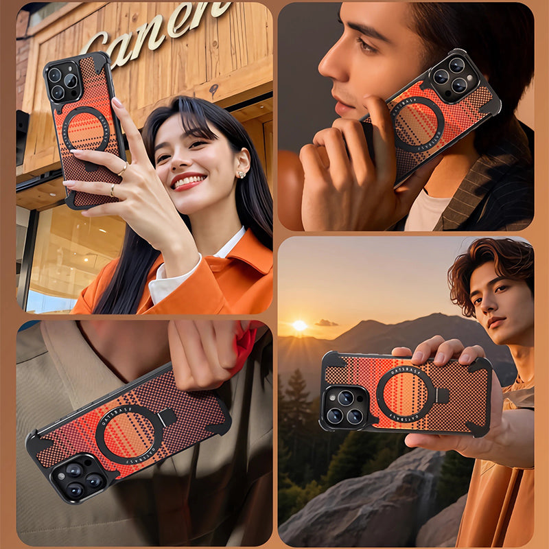 Oatsbasf MagSafe Pivot Ring Stand Air Cushion Artistic Carbon Fiber Texture Back Metal Case Cover