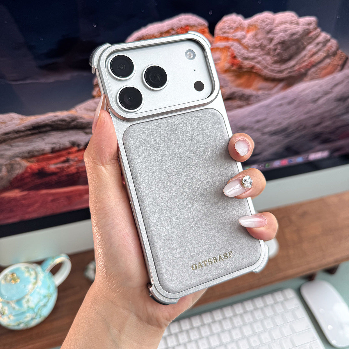 Oatsbasf Armour MagSafe Aluminum Bumper Genuine Leather Air Cushion Shockproof Case Cover