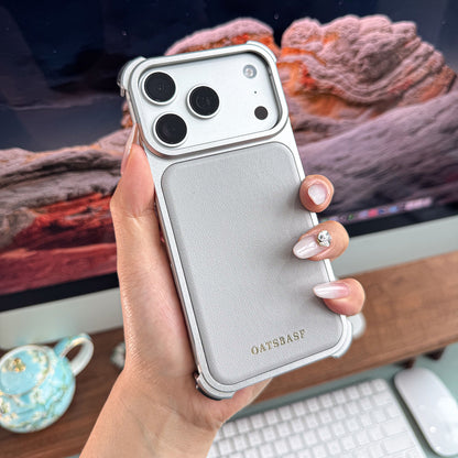 Oatsbasf Armour MagSafe Aluminum Bumper Genuine Leather Air Cushion Shockproof Case Cover