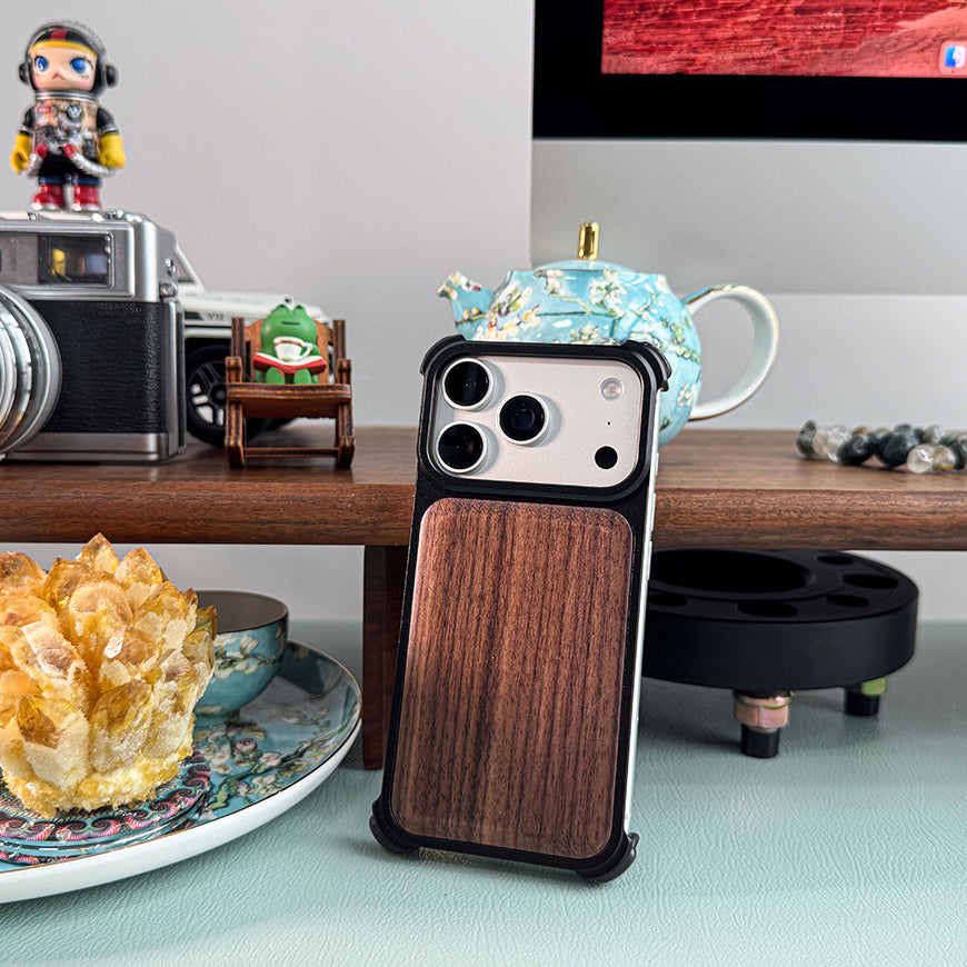 Oatsbasf Armour MagSafe Aluminum Bumper Walnut Wood Air Cushion Shockproof Case Cover