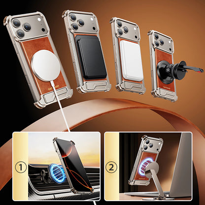 Oatsbasf Yiliupi MagSafe Hidden Stand Genuine Leather Frameless Metal Case Cover