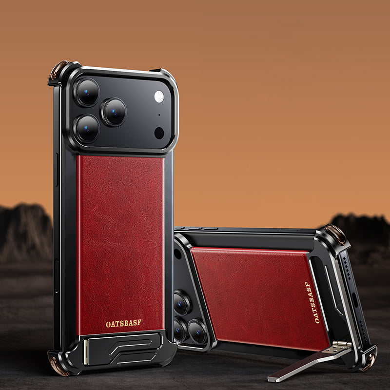 Oatsbasf Yiliupi MagSafe Hidden Stand Genuine Leather Frameless Metal Case Cover