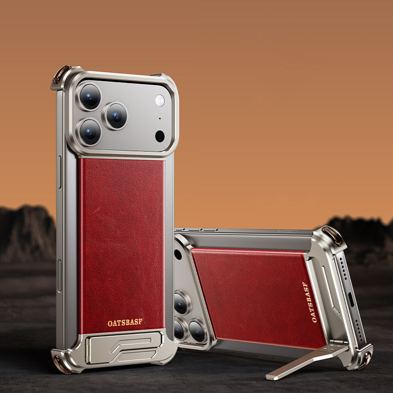 Oatsbasf Yiliupi MagSafe Hidden Stand Genuine Leather Frameless Metal Case Cover