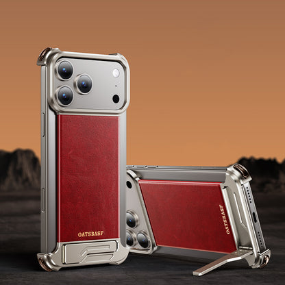 Oatsbasf Yiliupi MagSafe Hidden Stand Genuine Leather Frameless Metal Case Cover