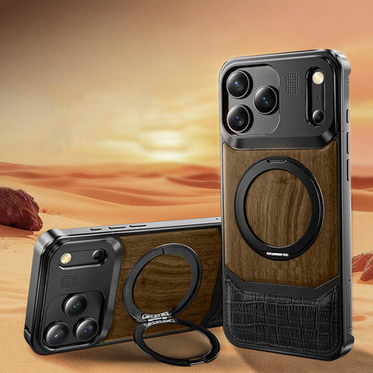 Armor King MagSafe Pivot Ring Stand Walnut + Leather + Aluminum Heat Dissipation Aromatherapy Case Cover