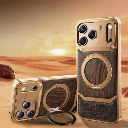 Armor King MagSafe Pivot Ring Stand Walnut + Leather + Aluminum Heat Dissipation Aromatherapy Case Cover