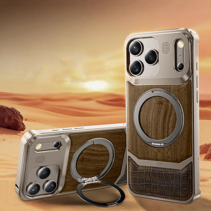 Armor King MagSafe Pivot Ring Stand Walnut + Leather + Aluminum Heat Dissipation Aromatherapy Case Cover