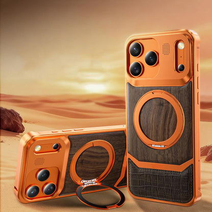Armor King MagSafe Pivot Ring Stand Walnut + Leather + Aluminum Heat Dissipation Aromatherapy Case Cover