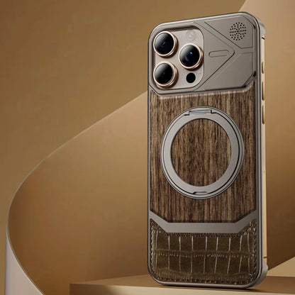 Armor King MagSafe Pivot Ring Stand Walnut + Leather + Aluminum Heat Dissipation Aromatherapy Case Cover