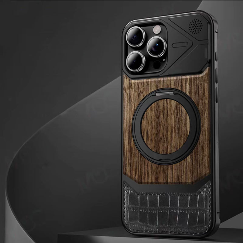 Armor King MagSafe Pivot Ring Stand Walnut + Leather + Aluminum Heat Dissipation Aromatherapy Case Cover