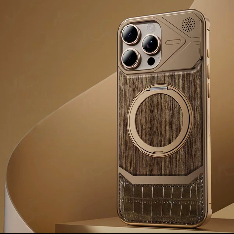 Armor King MagSafe Pivot Ring Stand Walnut + Leather + Aluminum Heat Dissipation Aromatherapy Case Cover