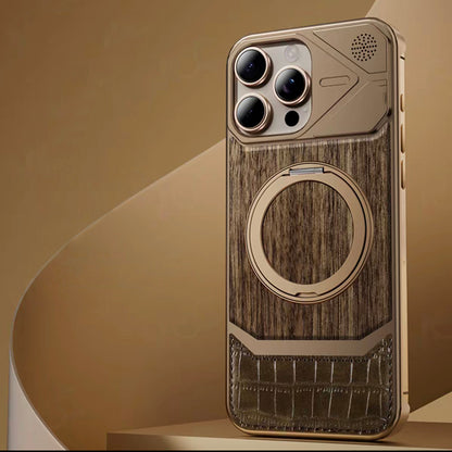 Armor King MagSafe Pivot Ring Stand Walnut + Leather + Aluminum Heat Dissipation Aromatherapy Case Cover