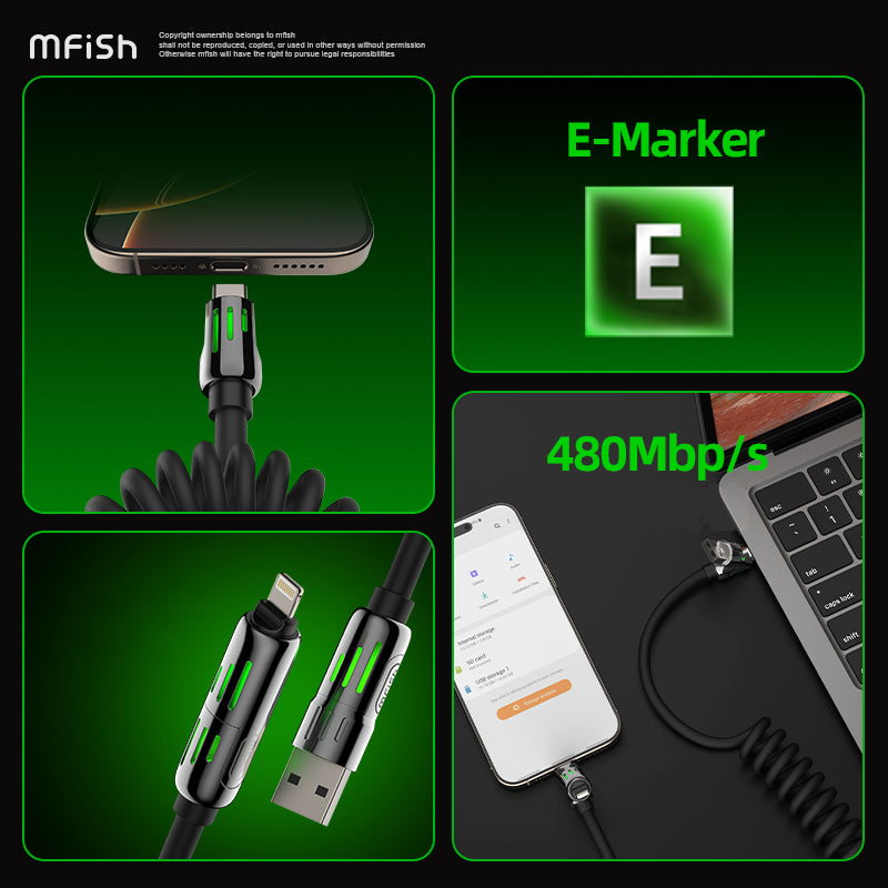 Mfish Armored Dragon I 240W USB-A+Type-C to Lightning+Type-C 4-in-1 Elastic Data Cable Charging Line