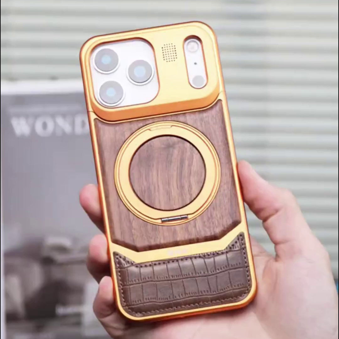 Armor King MagSafe Pivot Ring Stand Walnut + Leather + Aluminum Heat Dissipation Aromatherapy Case Cover