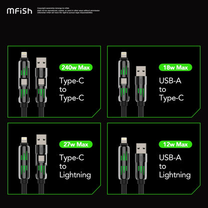 Mfish Armored Dragon I 240W USB-A+Type-C to Lightning+Type-C 4-in-1 Elastic Data Cable Charging Line