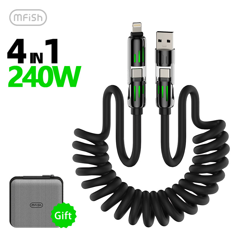 Mfish Armored Dragon I 240W USB-A+Type-C to Lightning+Type-C 4-in-1 Elastic Data Cable Charging Line