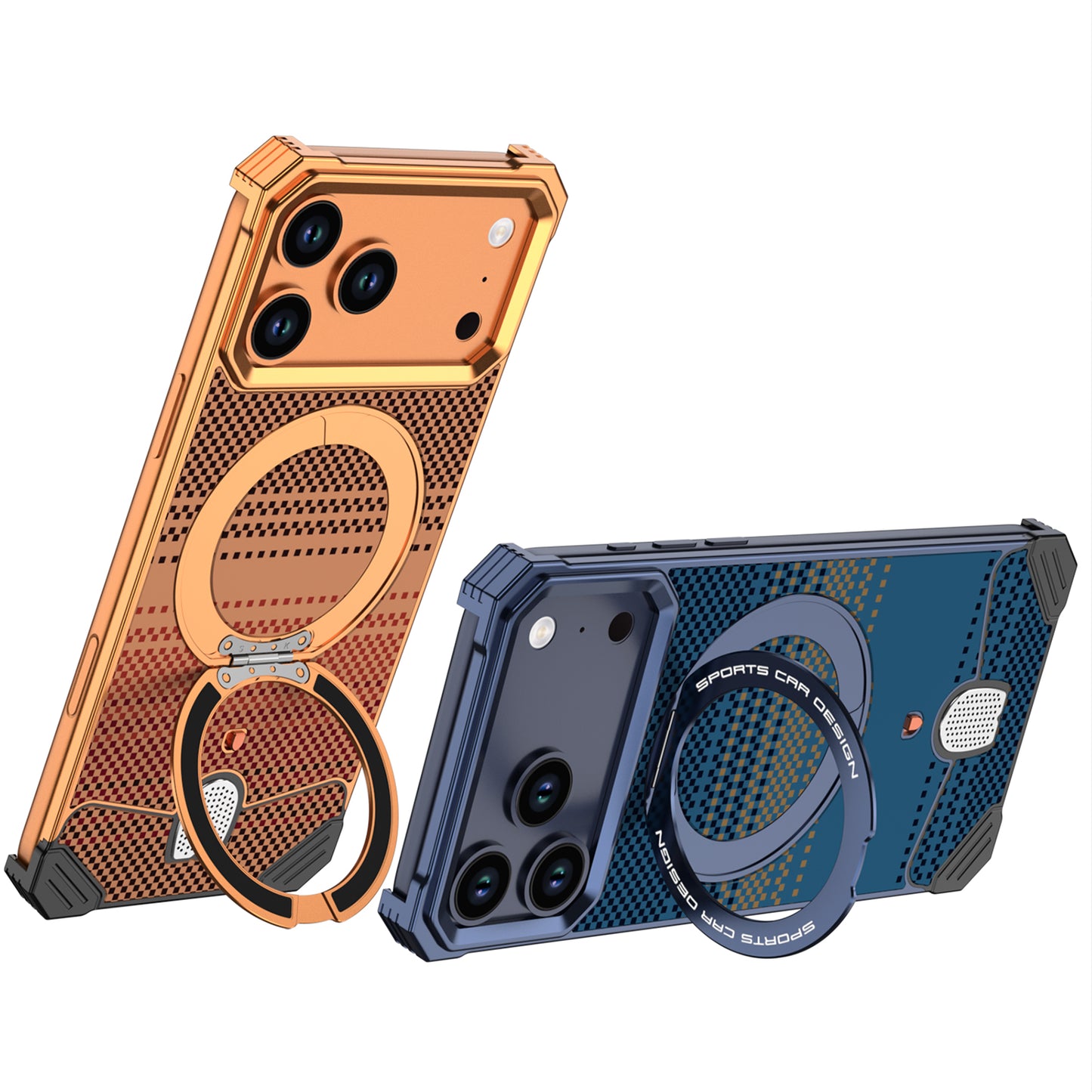 Armor King Hypercar MagSafe Pivot Ring Stand Elastic Buckle Metal+Kevlar Texture Back Case Cover