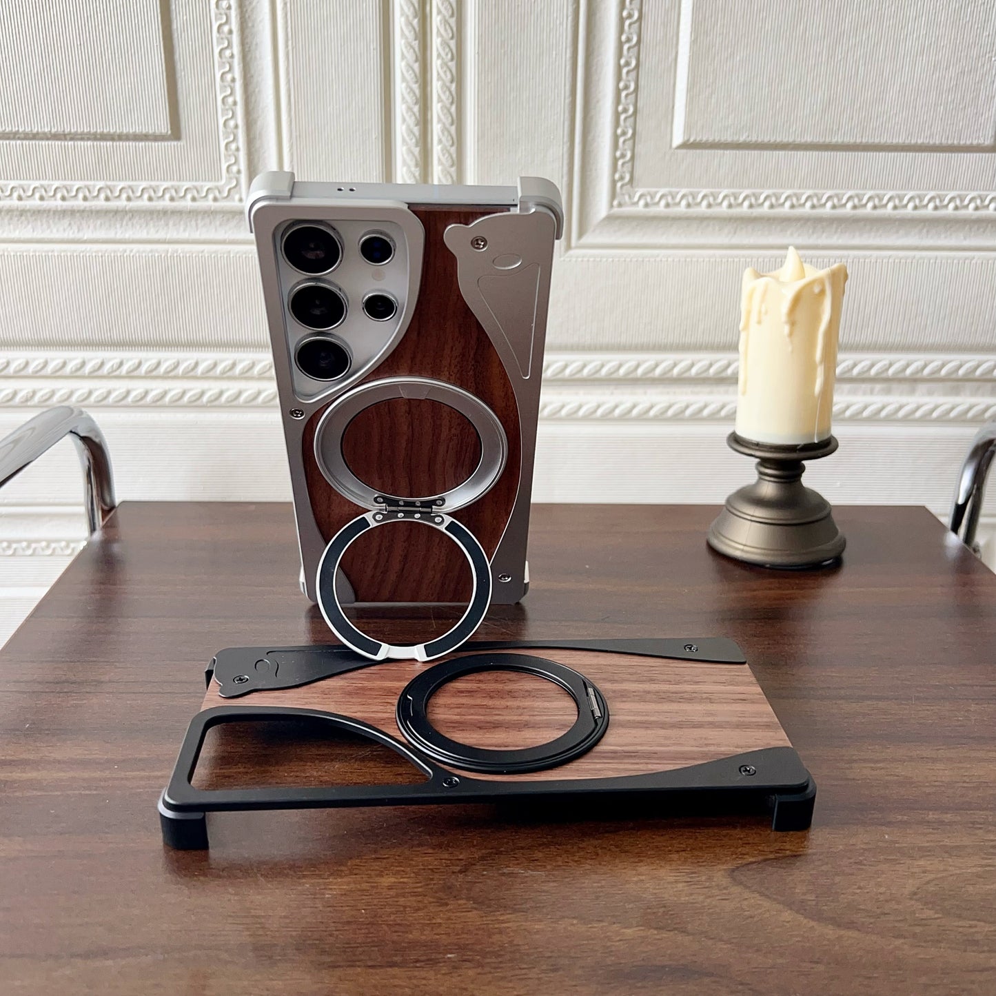 Armor King Stoat Bezel-less MagSafe Pivot Ring Stand Walnut Wood Metal Case Cover