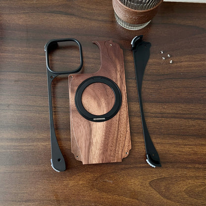 Armor King Stoat Bezel-less MagSafe Pivot Ring Stand Walnut Wood Metal Case Cover