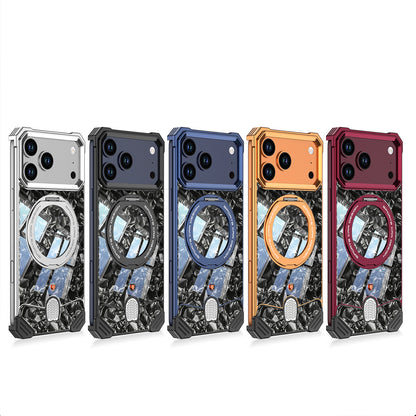 Armor King Hypercar MagSafe Pivot Ring Stand Elastic Buckle Metal+Marble Texture Back Case Cover