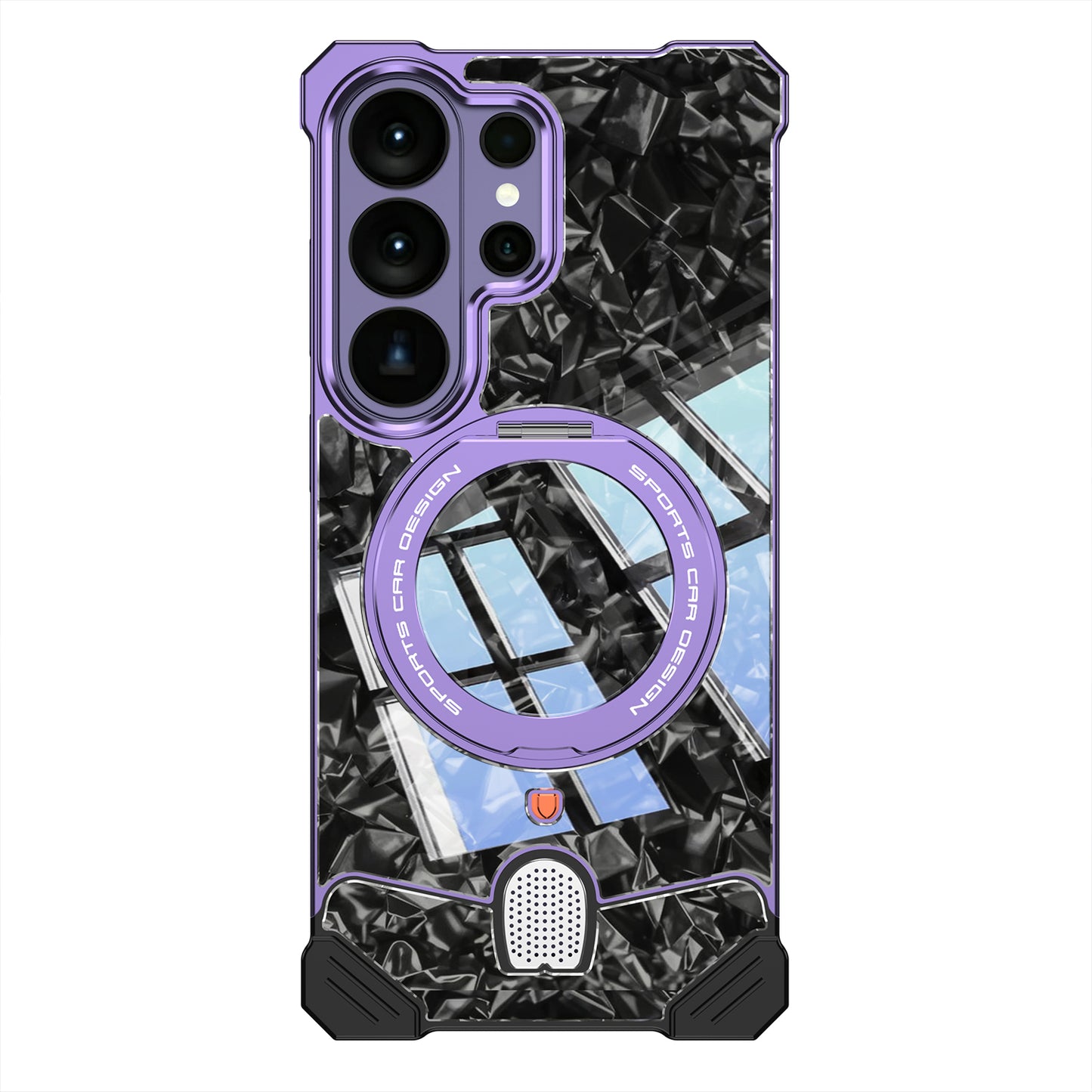 Armor King Hypercar MagSafe Pivot Ring Stand Elastic Buckle Metal+Marble Texture Back Case Cover