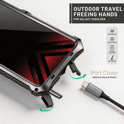 Luphie TS Water-resistant Shockproof Heavy Duty Mecha Metal Case Cover with MagSafe Pivot Ring Stand