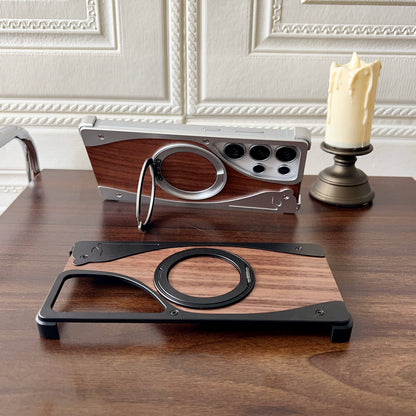 Armor King Stoat Bezel-less MagSafe Pivot Ring Stand Walnut Wood Metal Case Cover