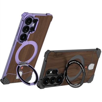 Armor King Hypercar MagSafe Pivot Ring Stand Elastic Buckle Metal+Walnut Texture Back Case Cover