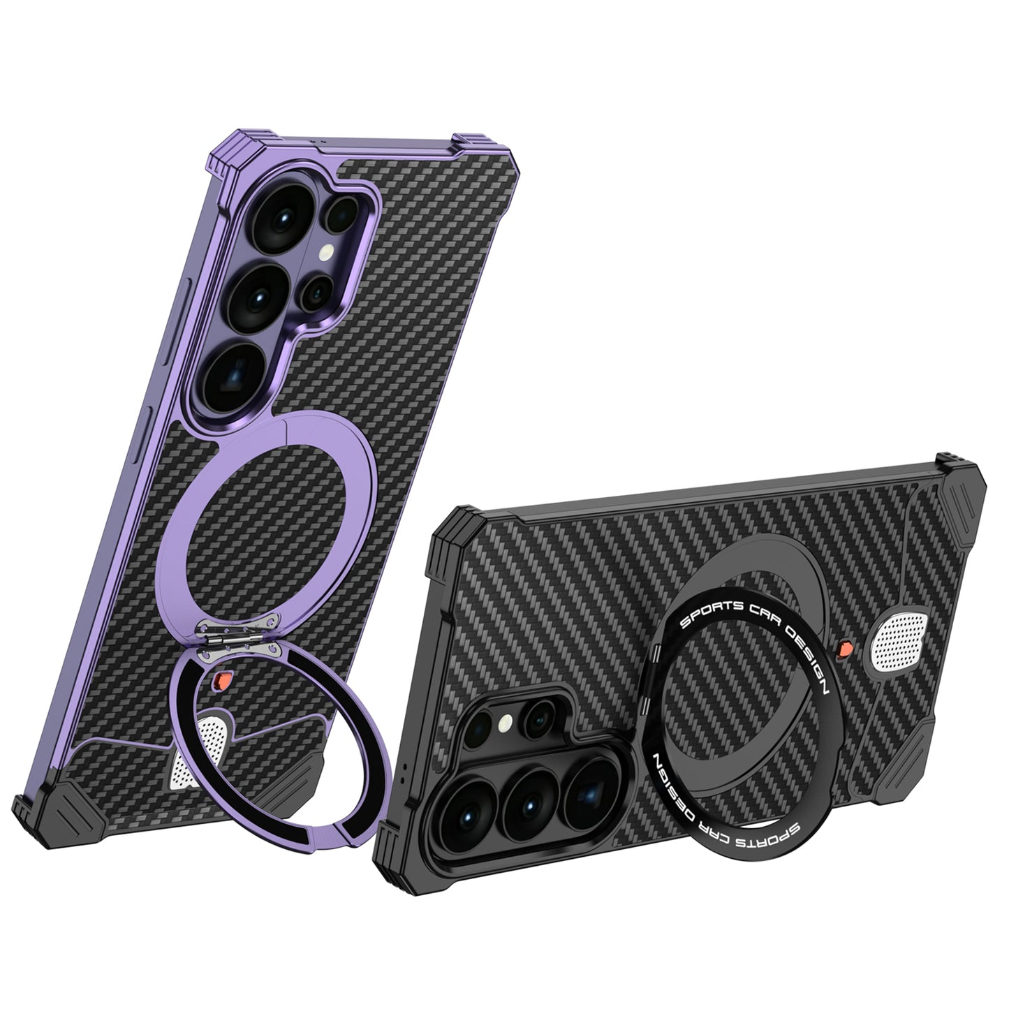 Armor King Hypercar MagSafe Pivot Ring Stand Elastic Buckle Metal+Carbon Fiber Texture Back Case Cover