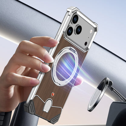 Armor King Hypercar MagSafe Pivot Ring Stand Elastic Buckle Metal+Walnut Texture Back Case Cover