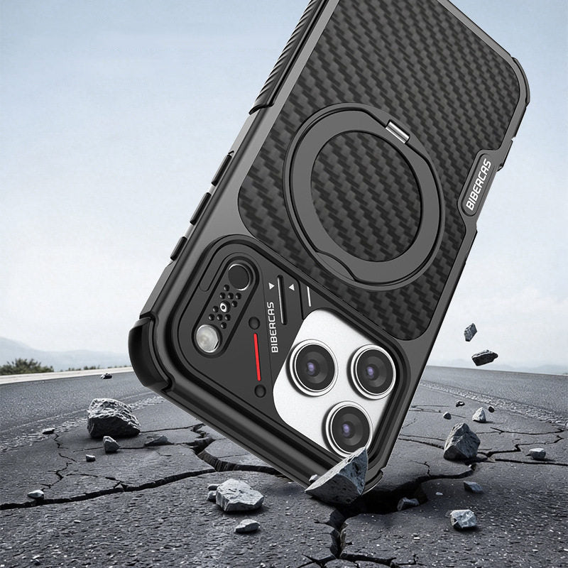 Armor King Urban Mecha MagSafe Shockproof TPU + Metal Frame + Carbon Fiber Backplate / Wooden Board Case Cover