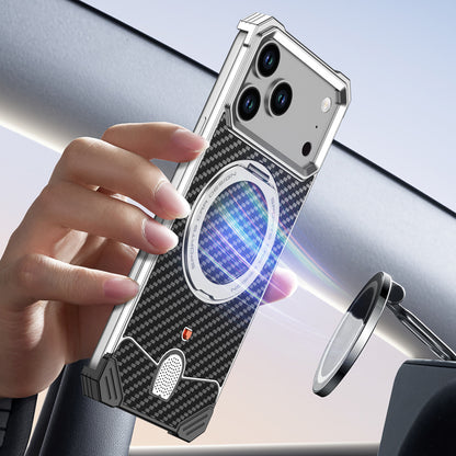 Armor King Hypercar MagSafe Pivot Ring Stand Elastic Buckle Metal+Carbon Fiber Texture Back Case Cover