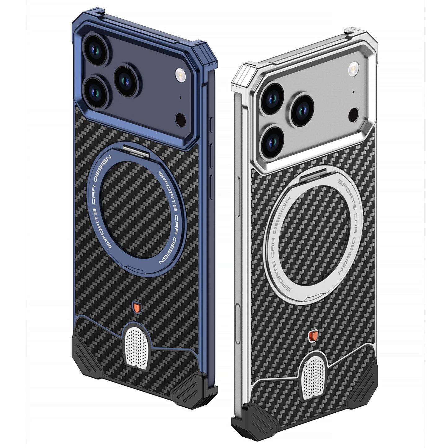 Armor King Hypercar MagSafe Pivot Ring Stand Elastic Buckle Metal+Carbon Fiber Texture Back Case Cover
