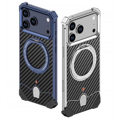 Armor King Hypercar MagSafe Pivot Ring Stand Elastic Buckle Metal+Carbon Fiber Texture Back Case Cover