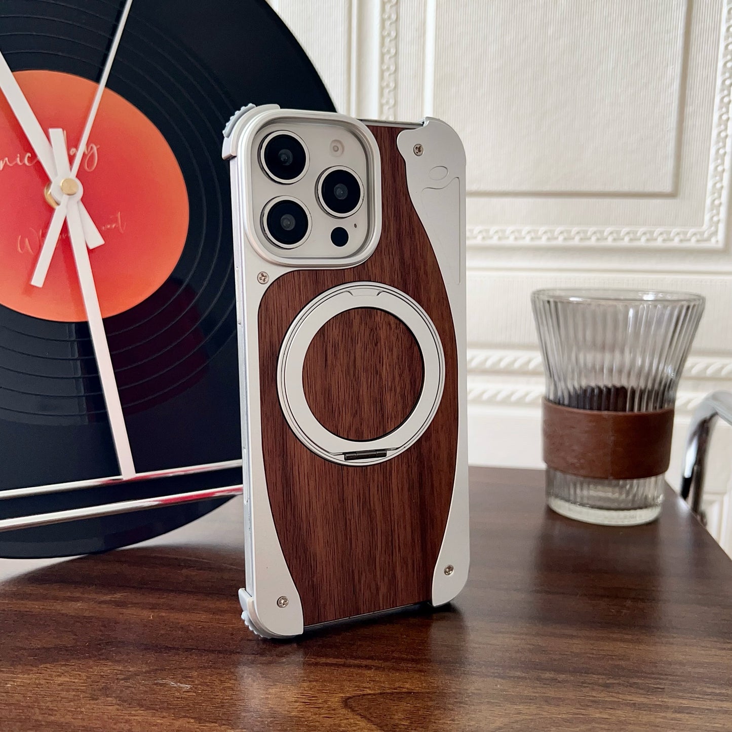Armor King Stoat Bezel-less MagSafe Pivot Ring Stand Walnut Wood Metal Case Cover