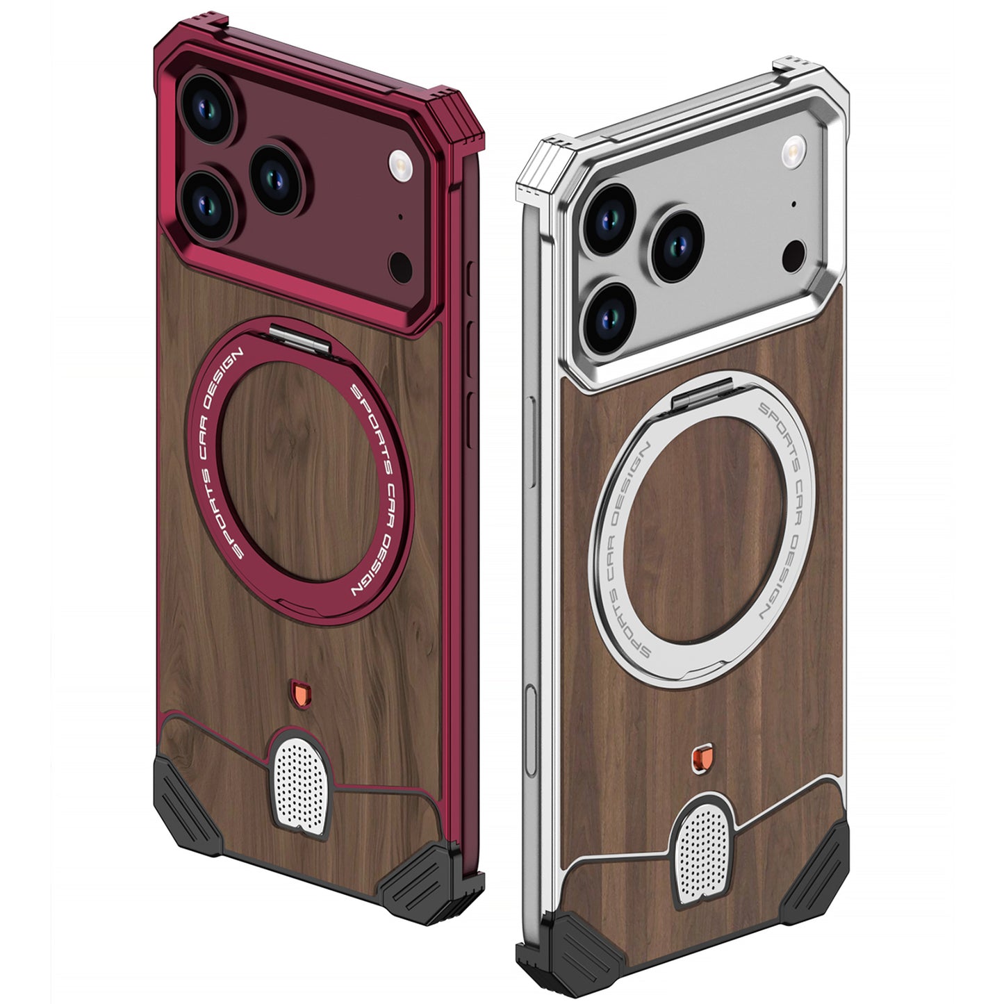 Armor King Hypercar MagSafe Pivot Ring Stand Elastic Buckle Metal+Walnut Texture Back Case Cover