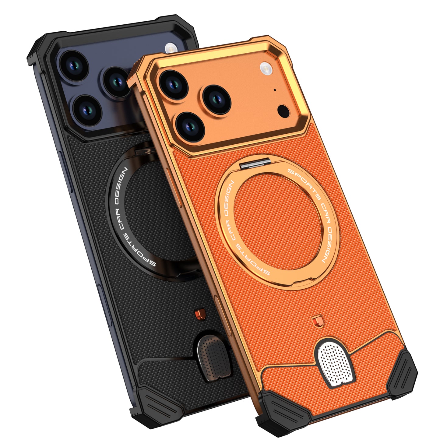 Armor King Hypercar MagSafe Pivot Ring Stand Elastic Buckle Metal+Leather Back Case Cover