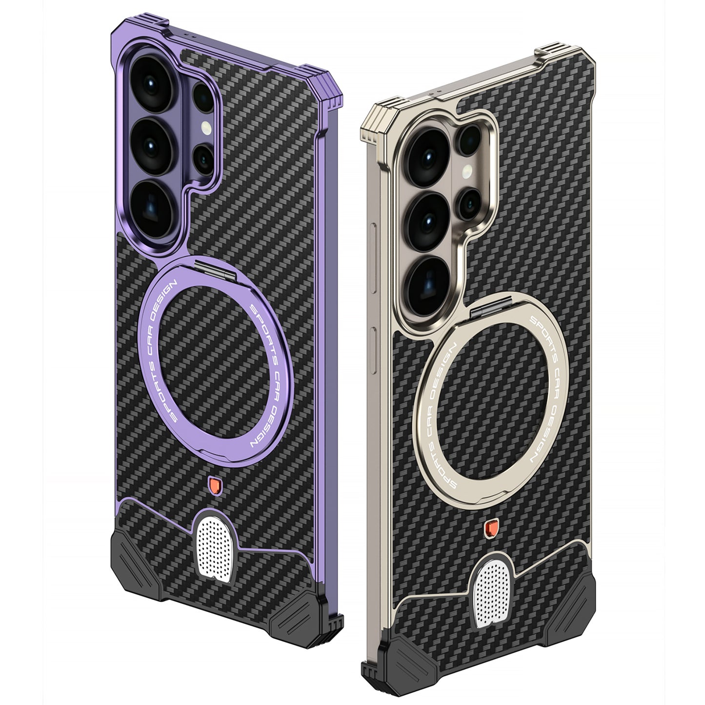 Armor King Hypercar MagSafe Pivot Ring Stand Elastic Buckle Metal+Carbon Fiber Texture Back Case Cover
