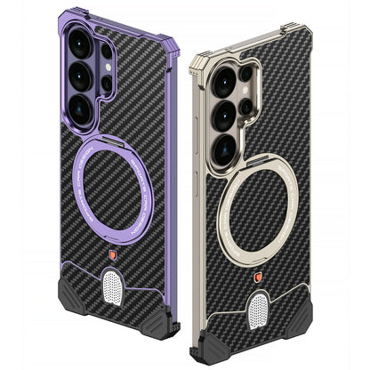 Armor King Hypercar MagSafe Pivot Ring Stand Elastic Buckle Metal+Carbon Fiber Texture Back Case Cover