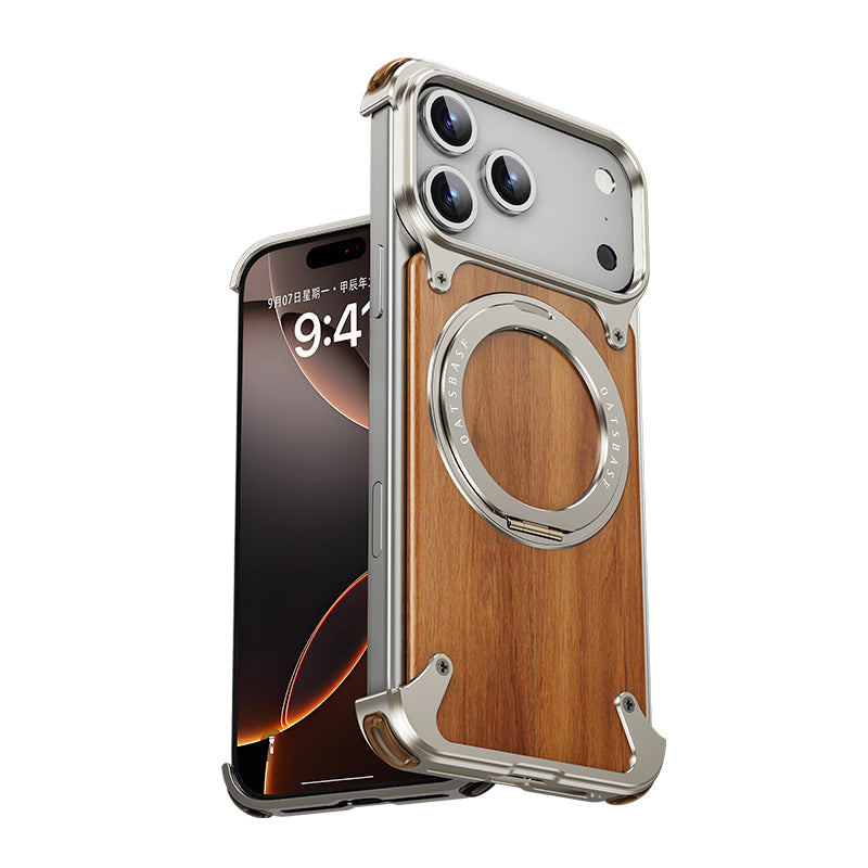 Oatsbasf MagSafe Pivot Ring Stand Air Cushion Metal + Walnut Wood Back Case Cover