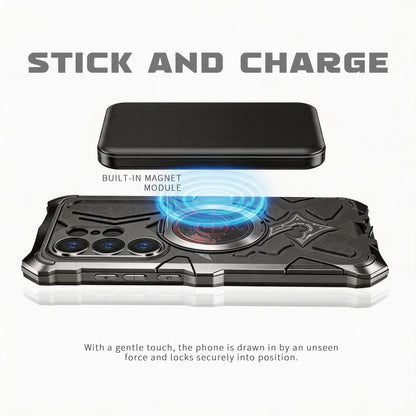Luphie TS Water-resistant Shockproof Heavy Duty Mecha Metal Case Cover with MagSafe Pivot Ring Stand